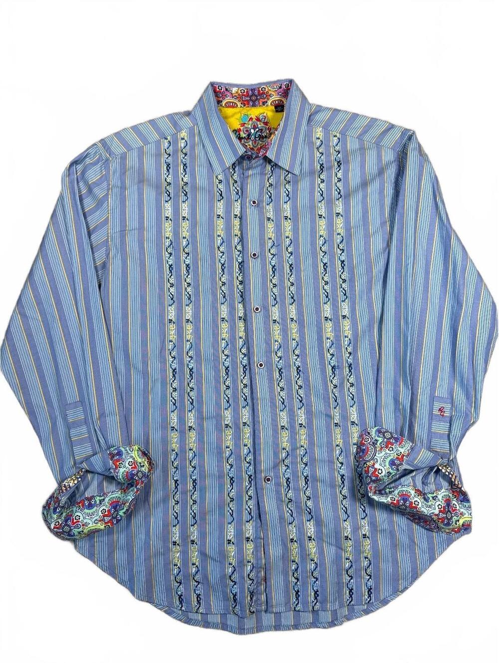 Robert Graham Shirt Mens L Blue Multicolor Embroidered Geometric Flip Cuff Top